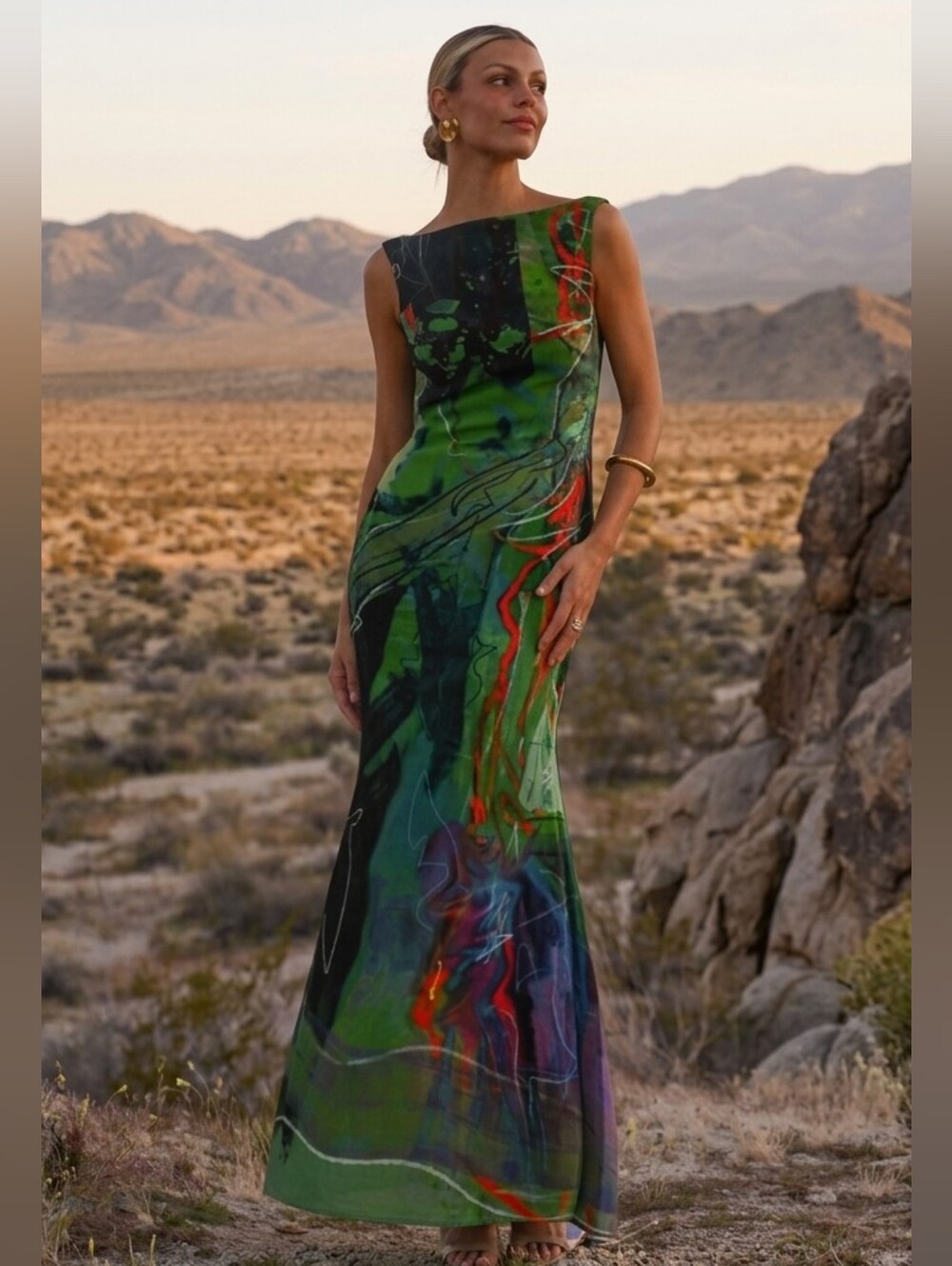 Yllw The Label Rhea Maxi Dress In Hand Drawn Wearable Art Terrain Print
